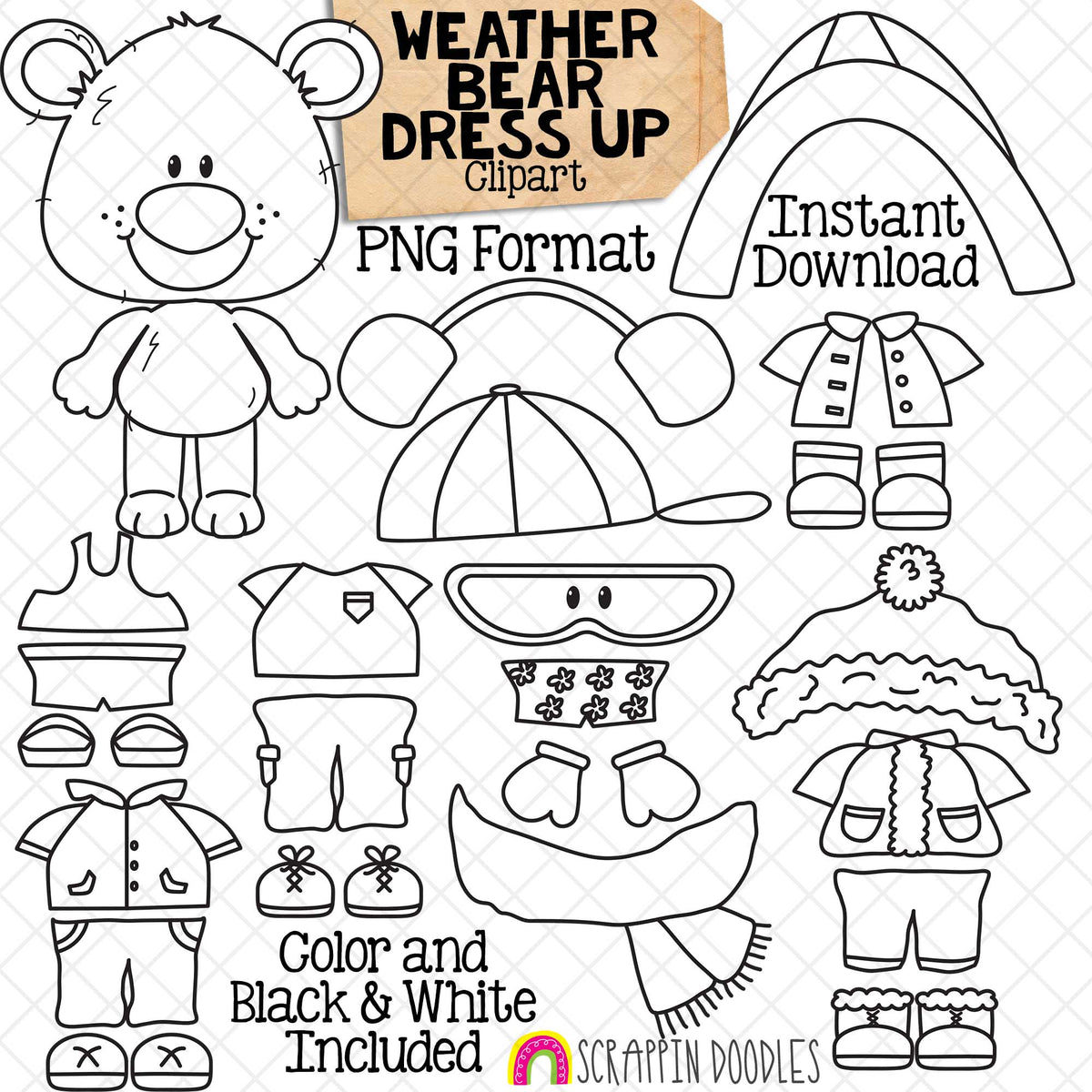 Weather ClipArt - Weather Bear Dress Up - Pauly Polar Bear - Seasonal Clothing - Winter - Spring - Summer - Raining - Paper Doll