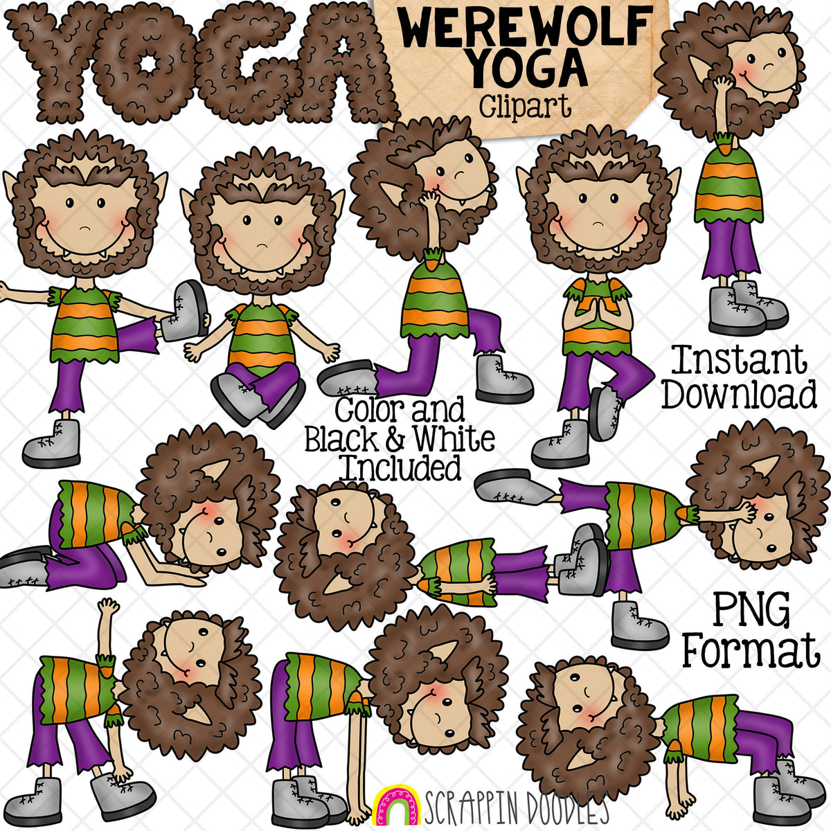 Werewolf Yoga Clip Art - Halloween Stretching Graphics - Doing Yoga Poses - Exercising - Fitness - Downward Dog - CUse PNG Sublimation