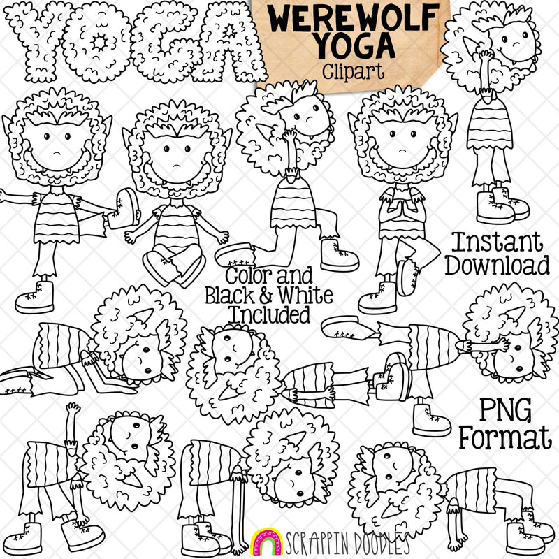 Werewolf Yoga Clip Art - Halloween Stretching Graphics - Doing Yoga Poses - Exercising - Fitness - Downward Dog - CUse PNG Sublimation