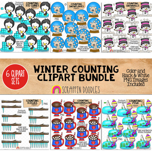 Winter Counting ClipArt Bundle - Ice Cubes - Snowballs - Snowflakes - Marshmallows - Ice Fishing - Icicles - Seasonal Math Graphics - Commercial Use PNG