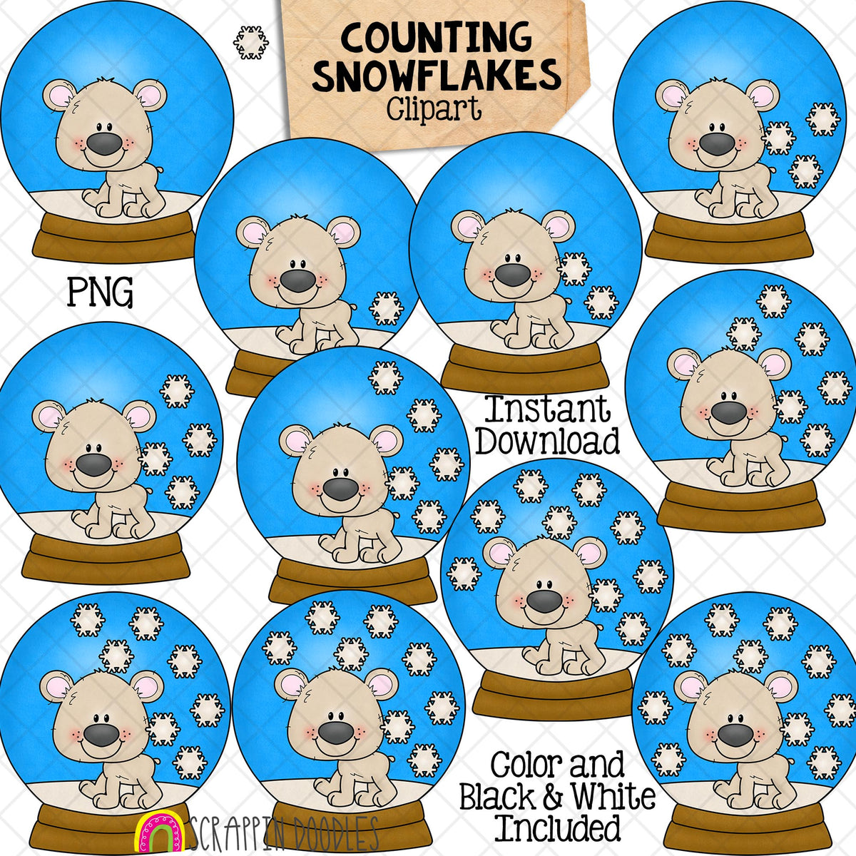 Counting Snowflakes ClipArt - Winter Polar Bear Snowglobe Snowflake Counting - Seasonal Math Graphics - Commercial Use PNG