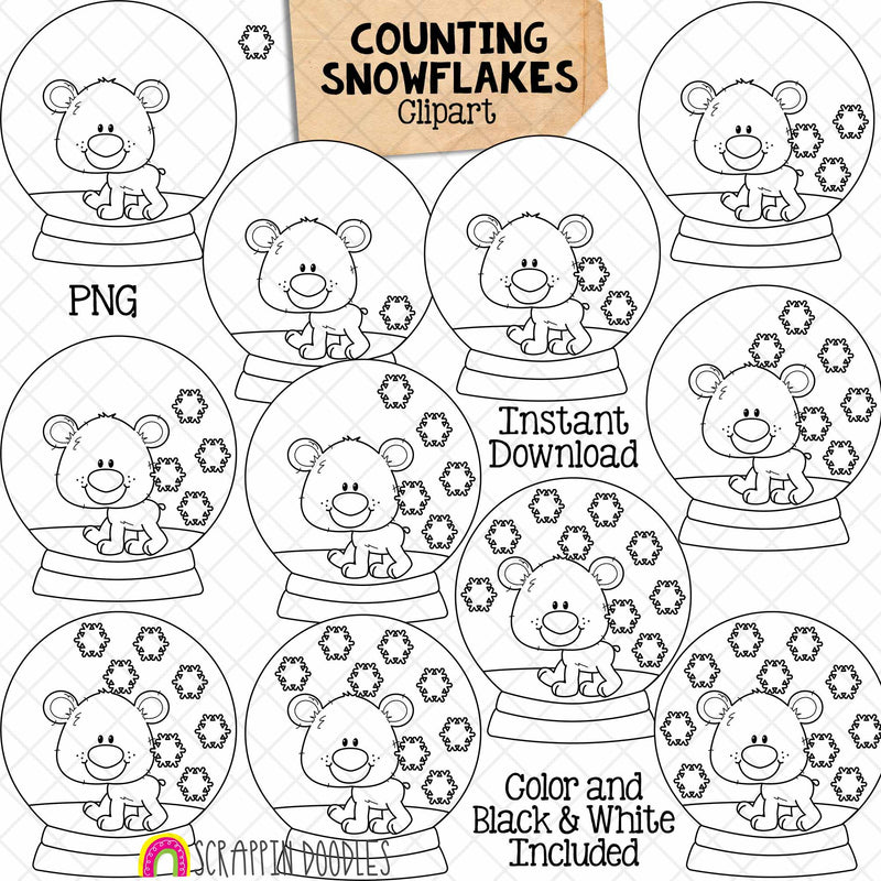Counting Snowflakes ClipArt - Winter Polar Bear Snowglobe Snowflake Counting - Seasonal Math Graphics - Commercial Use PNG
