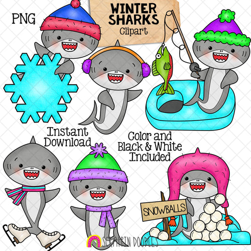 Winter Sharks Clip Art - Grey Shark Clipart - Baby Shark - Commercial Use PNG Sublimation