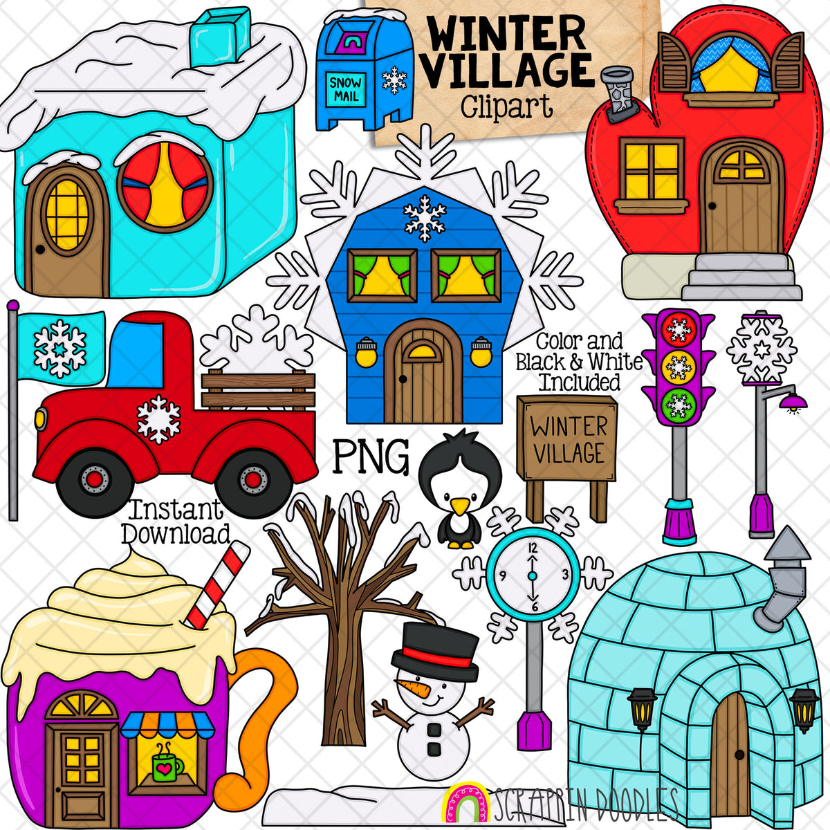 Winter Village Clip Art - Snow Town - Snowflake House - Ice Cube - Mitten House - Igloo North Pole Land - Commercial Use PNG