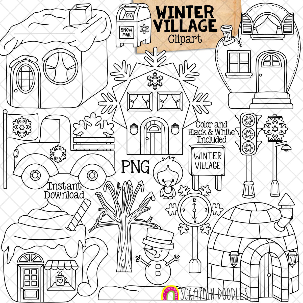 Winter Village Clip Art - Snow Town - Snowflake House - Ice Cube - Mitten House - Igloo North Pole Land - Commercial Use PNG