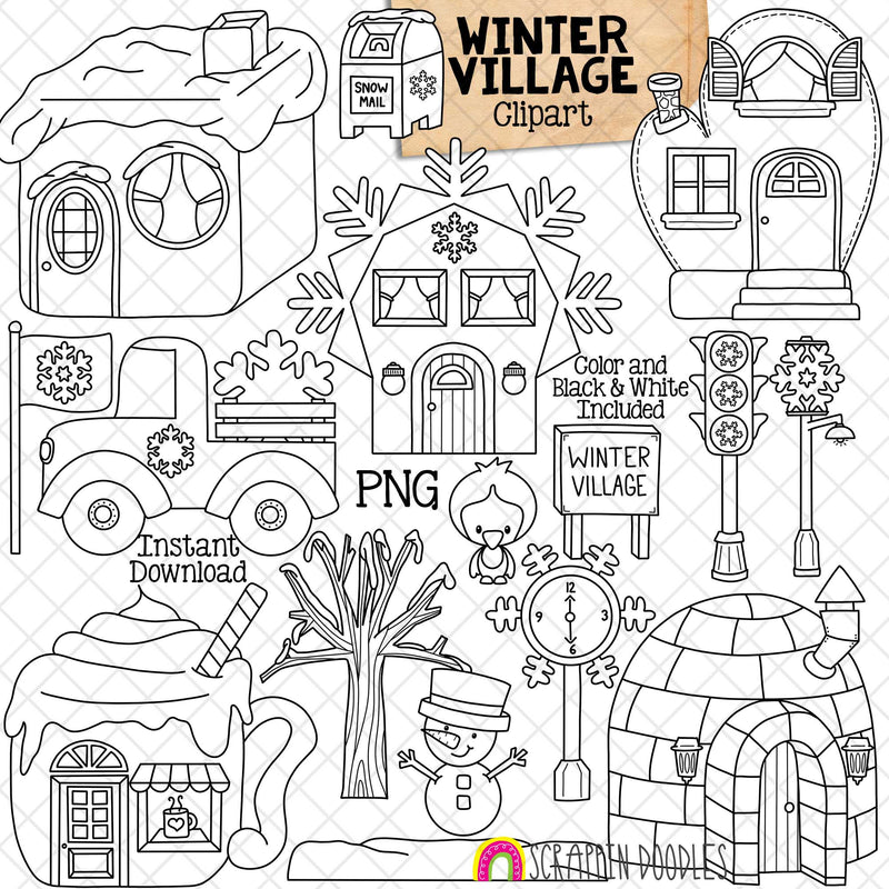 Winter Village Clip Art - Snow Town - Snowflake House - Ice Cube - Mitten House - Igloo North Pole Land - Commercial Use PNG