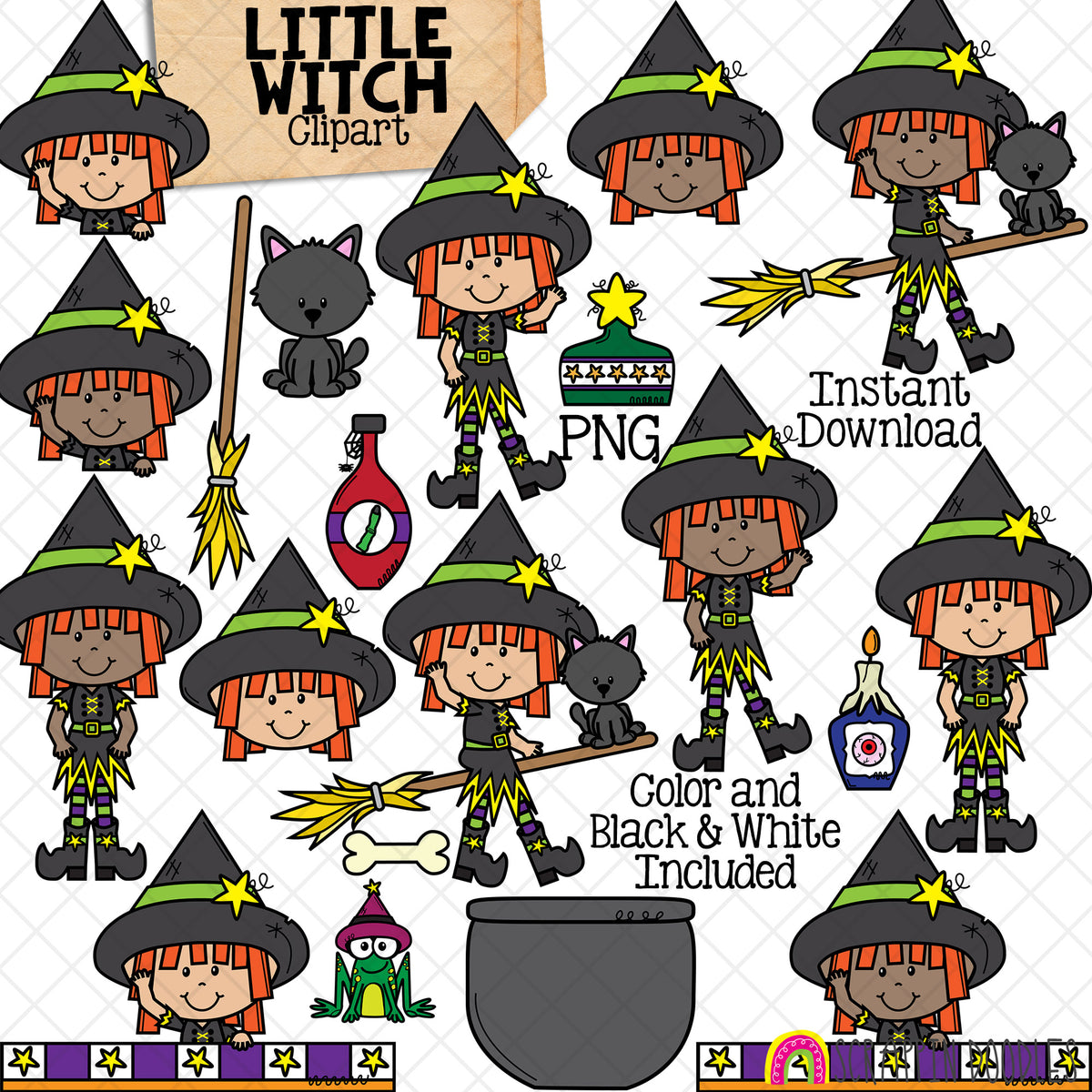 Little Witch Clipart - Witches on Broomsticks - Black Cat - Cauldron - Potions - Halloween - CU PNG - Hand Drawn