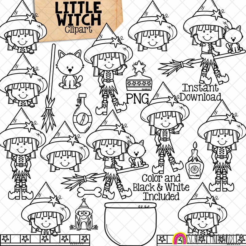 Little Witch Clipart - Witches on Broomsticks - Black Cat - Cauldron - Potions - Halloween - CU PNG - Hand Drawn