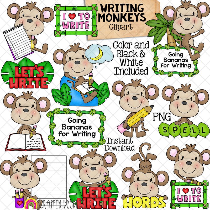 Monkey Clip Art - Monkeys Writing and Spelling - Learning to Write ...