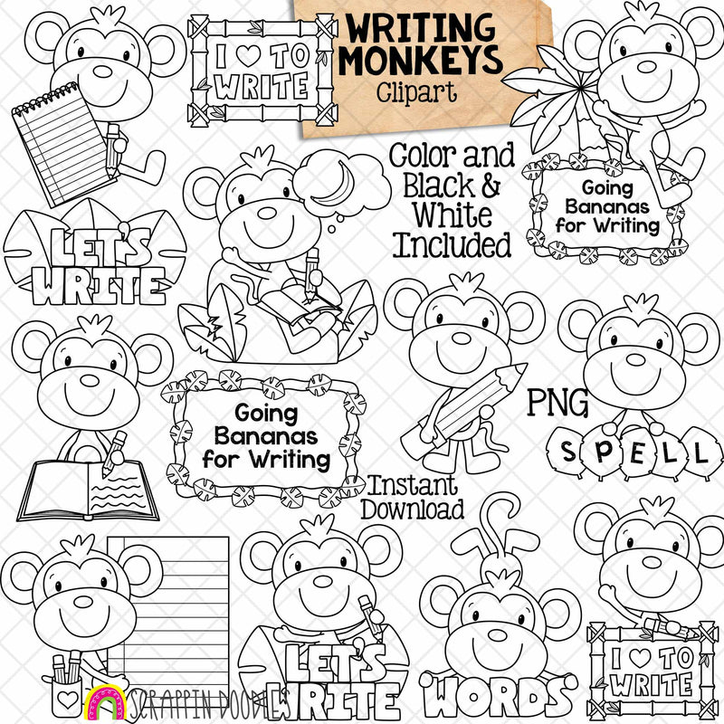 Monkey Clip Art - Monkeys Writing and Spelling - Jungle Animals - School - Learning to Write - Commercial Use PNG Sublimation