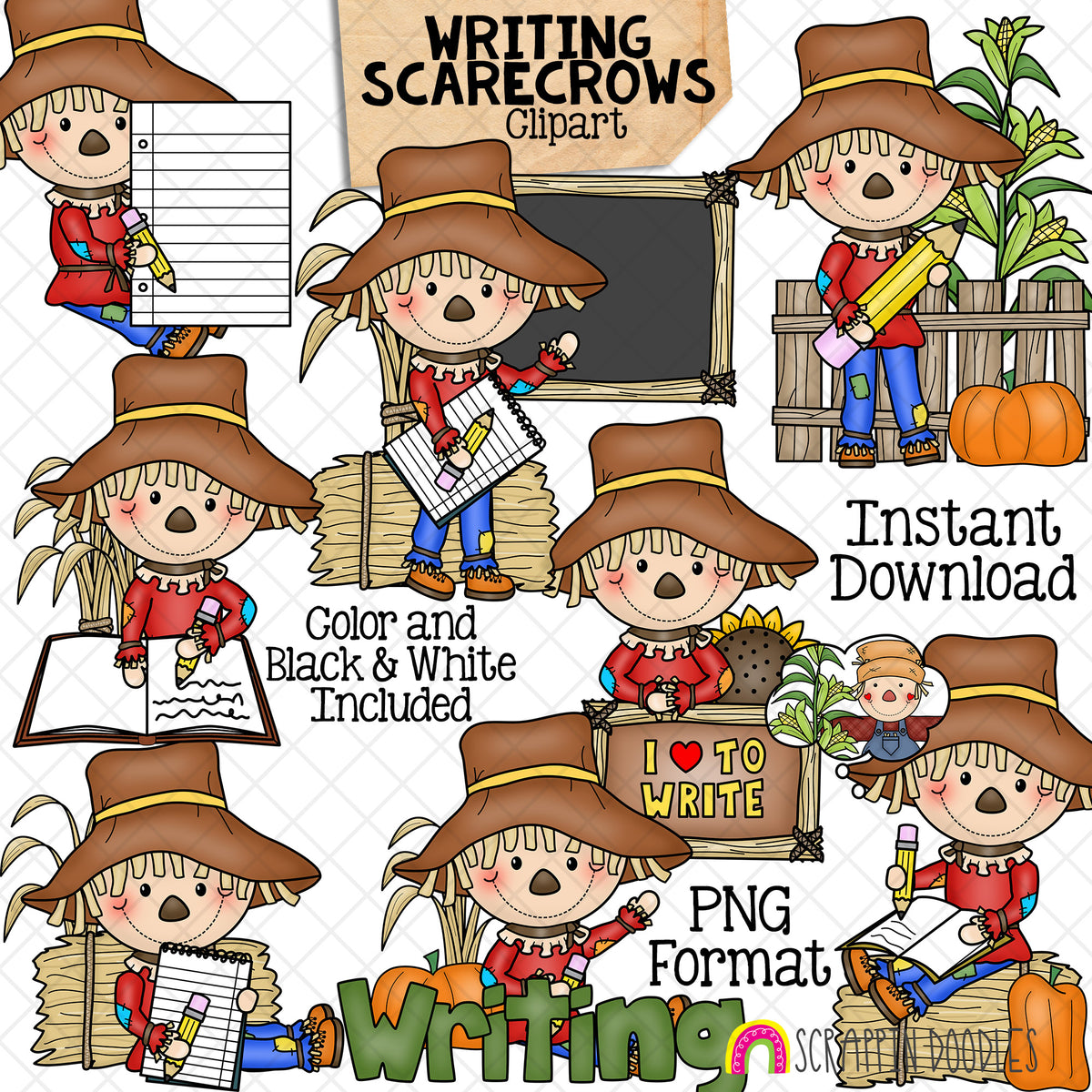 Writing Scarecrows Clip Art - Author - Writer - School - Autumn - Fall Farm - Hay Bales - Pumpkins - Commercial Use PNG Sublimation