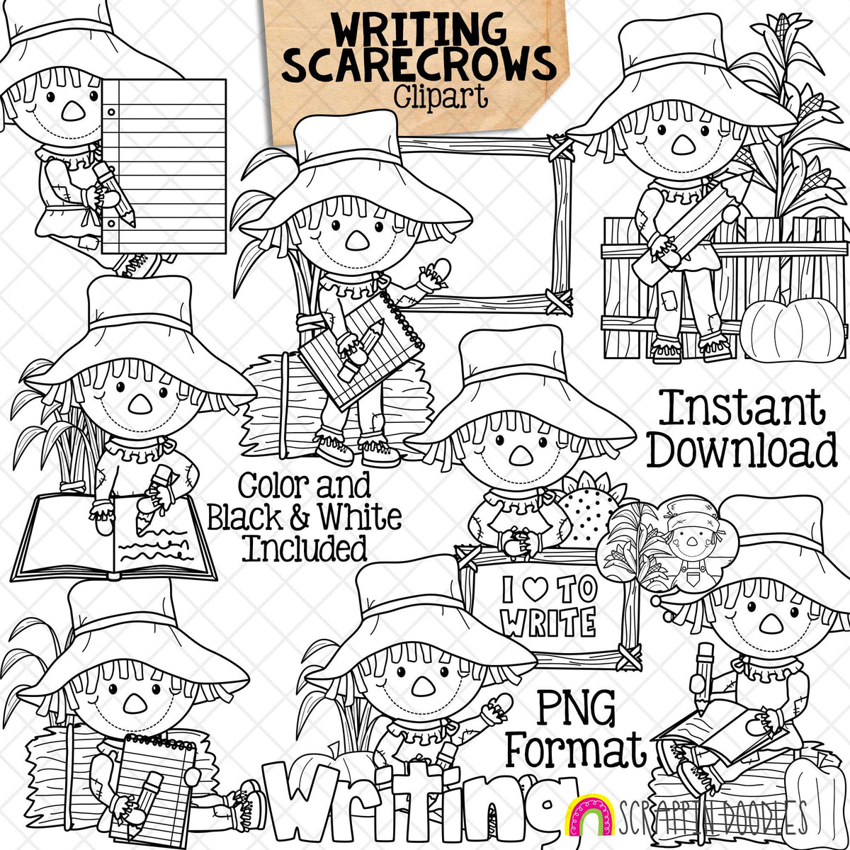 Writing Scarecrows Clip Art - Author - Writer - School - Autumn - Fall Farm - Hay Bales - Pumpkins - Commercial Use PNG Sublimation