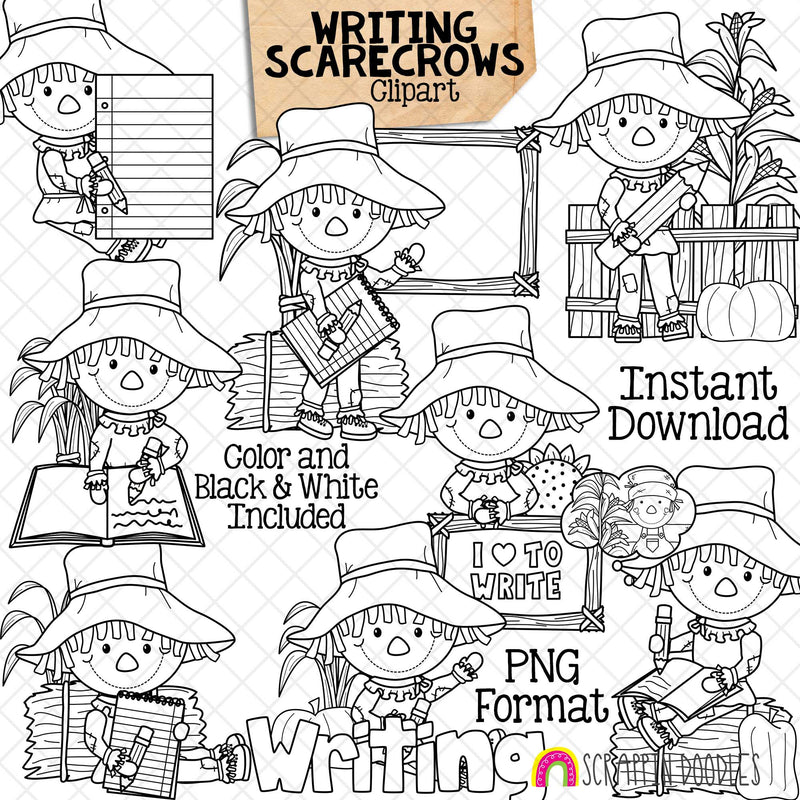 Writing Scarecrows Clip Art - Author - Writer - School - Autumn - Fall Farm - Hay Bales - Pumpkins - Commercial Use PNG Sublimation