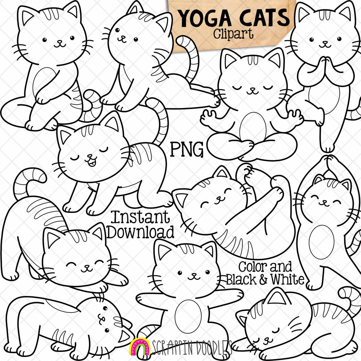 Cat Yoga Clipart Set, Cute Meditating Orange Cats PNG Bundle, Kawaii Animal Yoga Poses, Printable Sublimation Design