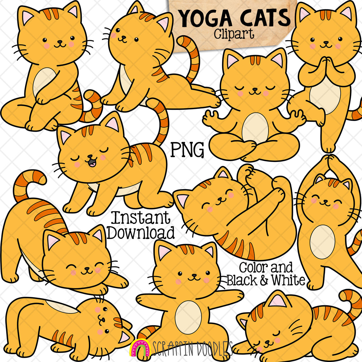 Cat Yoga Clipart Set, Cute Meditating Orange Cats PNG Bundle, Kawaii Animal Yoga Poses, Printable Sublimation Design