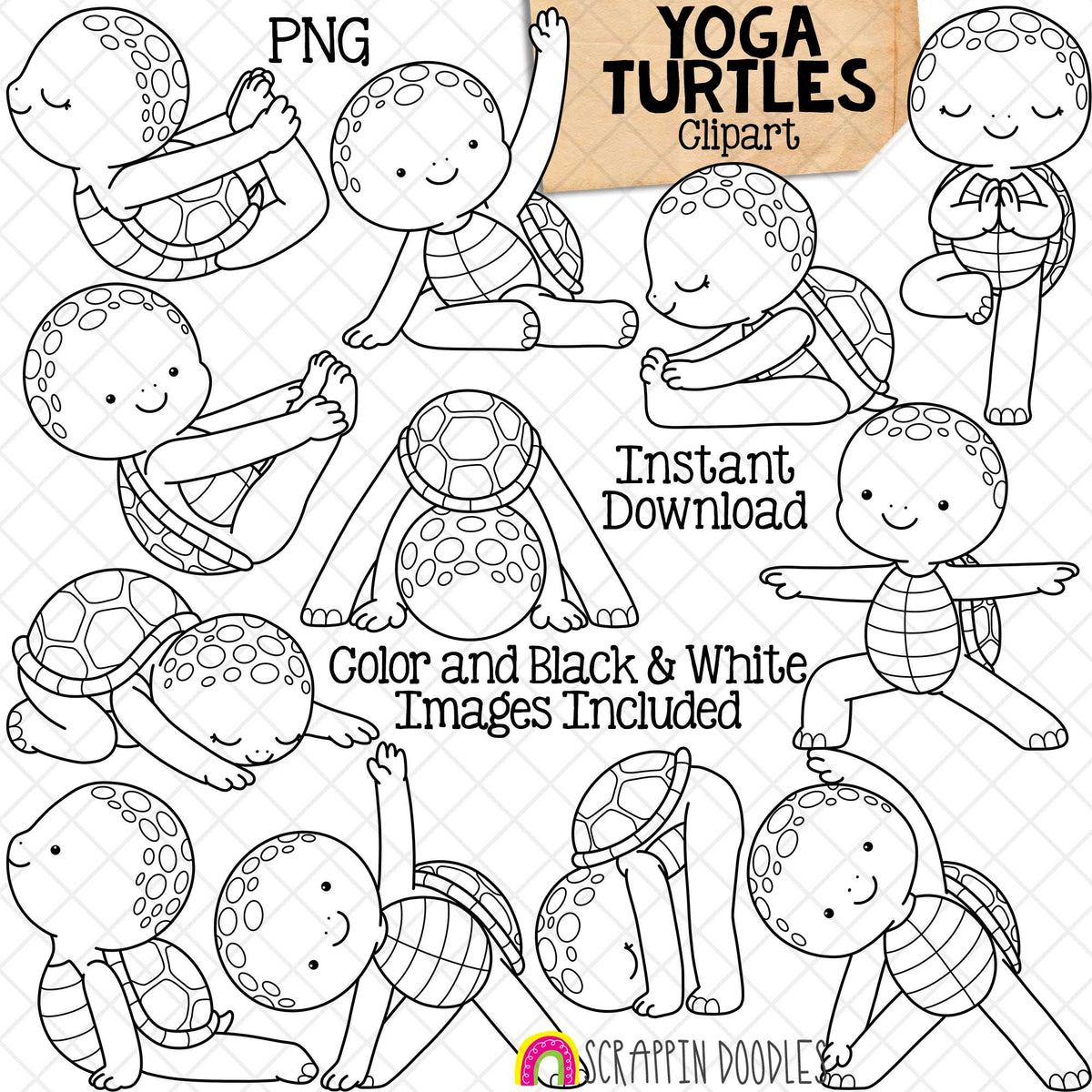 Turtle Yoga ClipArt - Cute Turtles Posing Graphics - Stretching - Exercise - Commercial Use - PNG