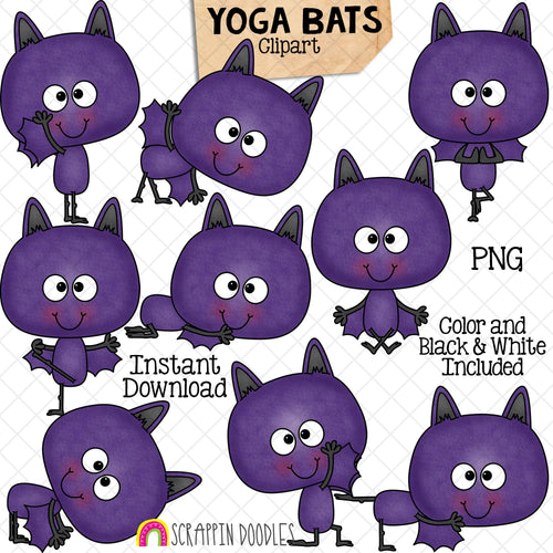 Bat Yoga Clip Art - Halloween Stretching Clipart - Bats Doing Yoga Poses - Commercial Use PNG Sublimation