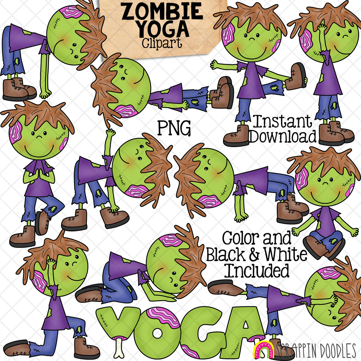 Zombie Yoga Clip Art - Halloween Stretching Clipart - Zombies Doing Yoga Poses - Exercising - Fitness - Downward Dog - CUse PNG Sublimation