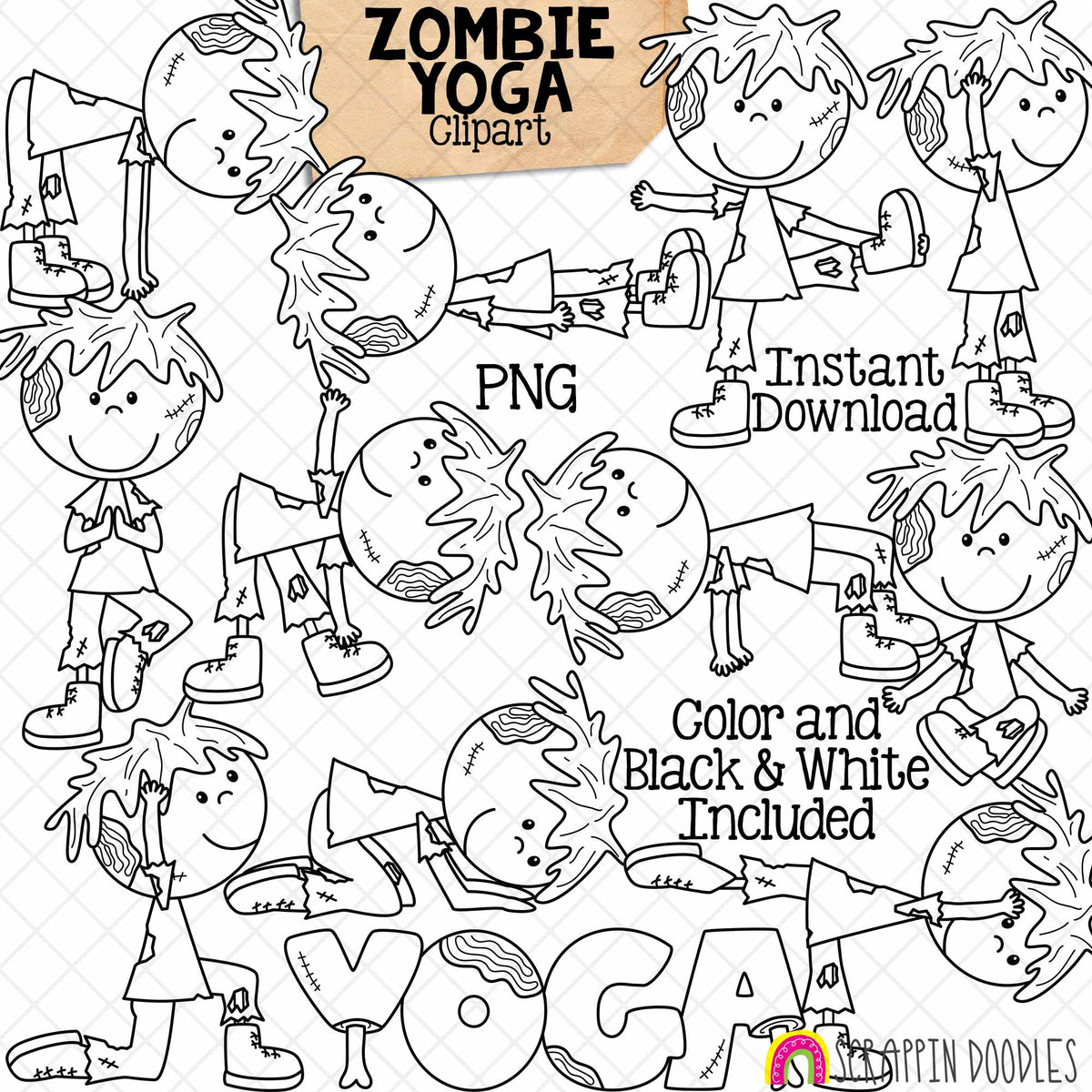 Zombie Yoga Clip Art - Halloween Stretching Clipart - Zombies Doing Yoga Poses - Exercising - Fitness - Downward Dog - CUse PNG Sublimation