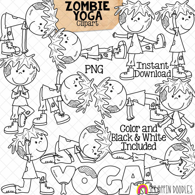 Zombie Yoga Clip Art - Halloween Stretching Clipart - Zombies Doing Yoga Poses - Exercising - Fitness - Downward Dog - CUse PNG Sublimation