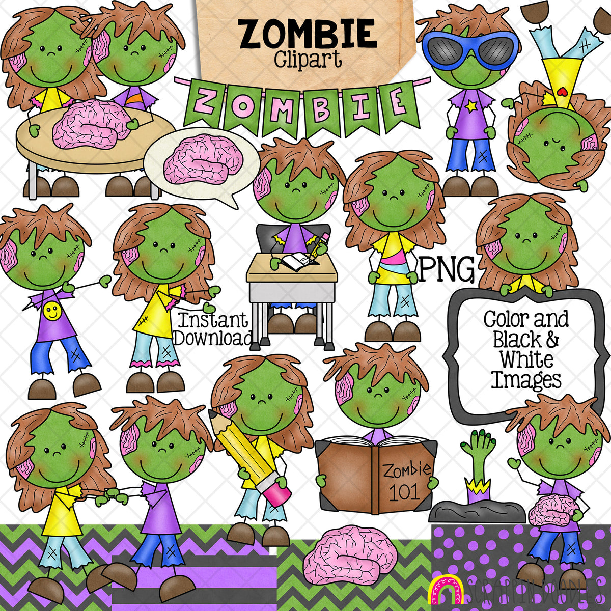 Zombies ClipArt - Halloween - Cute - Graveyard - Brains - Zombie Dance - CU PNG - Hand Drawn Images