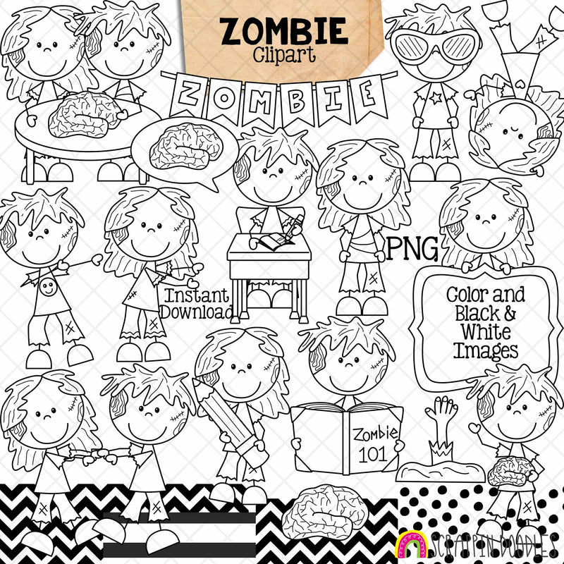 Zombies ClipArt - Halloween - Cute - Graveyard - Brains - Zombie Dance - CU PNG - Hand Drawn Images