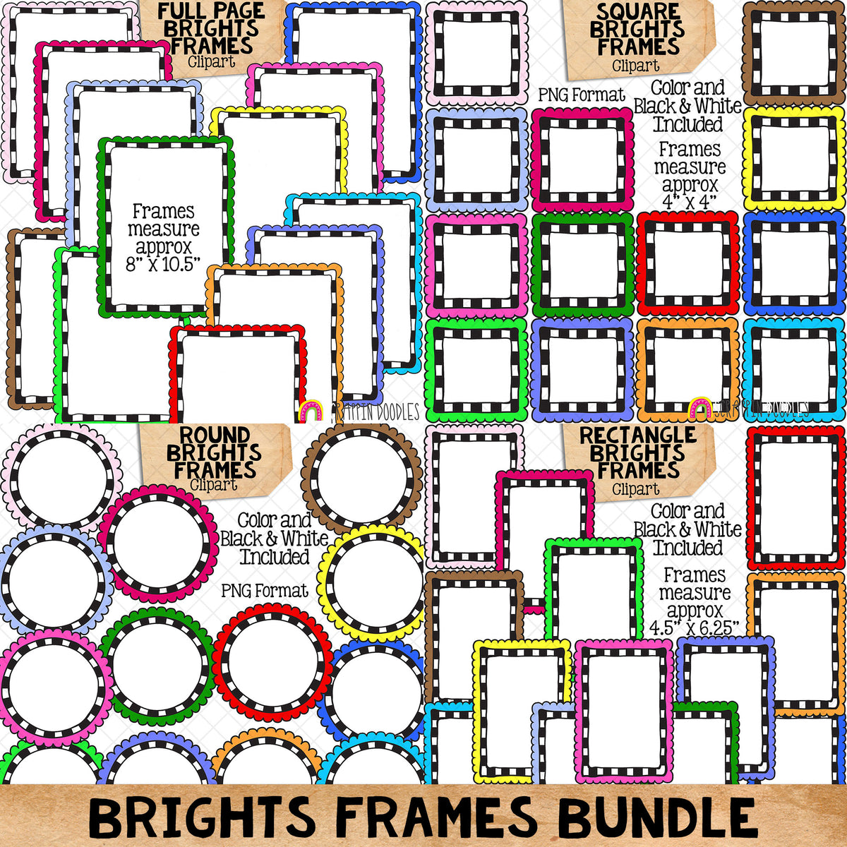 Brights Doodle Frames / Borders ClipArt Bundle - Commercial Use - PNG
