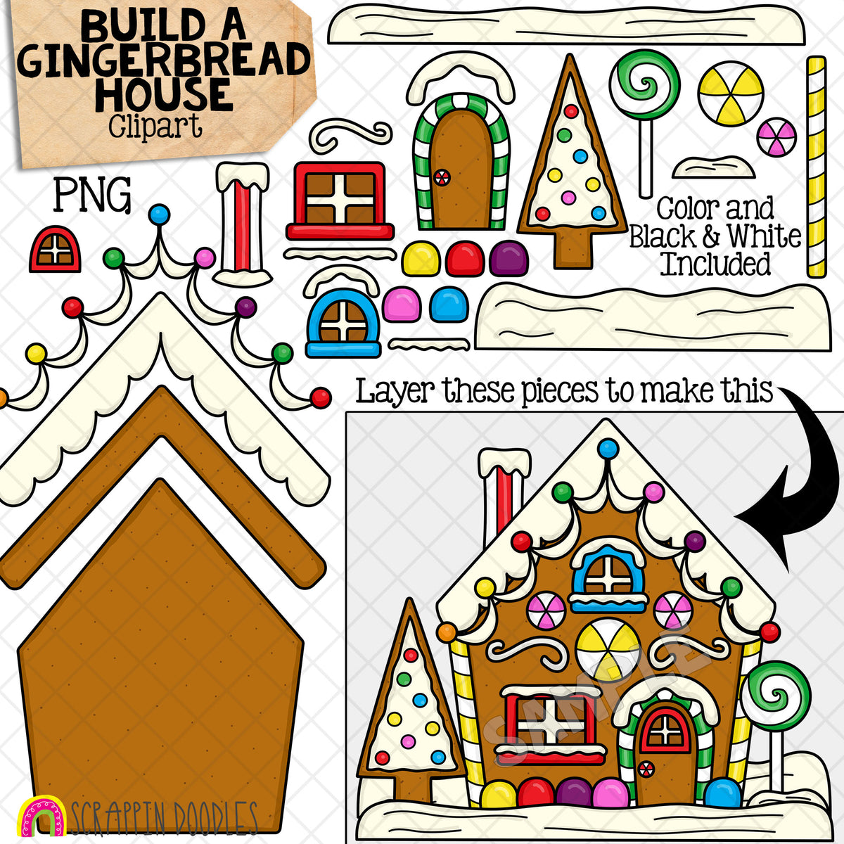 Build a Gingerbread House ClipArt - Ginger Bread Pieces - Christmas Cookies - Candy - CU PNG