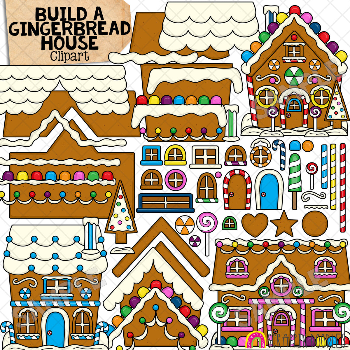 Build a Gingerbread House ClipArt - Ginger Bread Pieces - Christmas Cookies - Candy - CU PNG