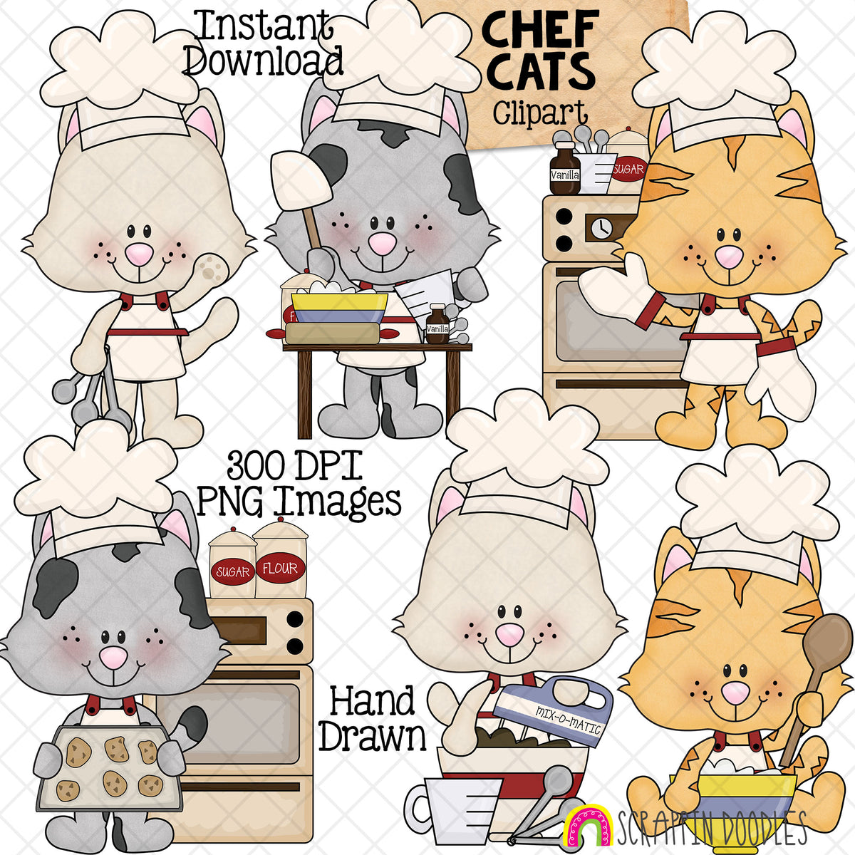 Hand-drawn Chef Cats clipart featuring six cute kittens in chef hats and aprons mixing ingredients, baking cookies and cooking in a kitchen.
