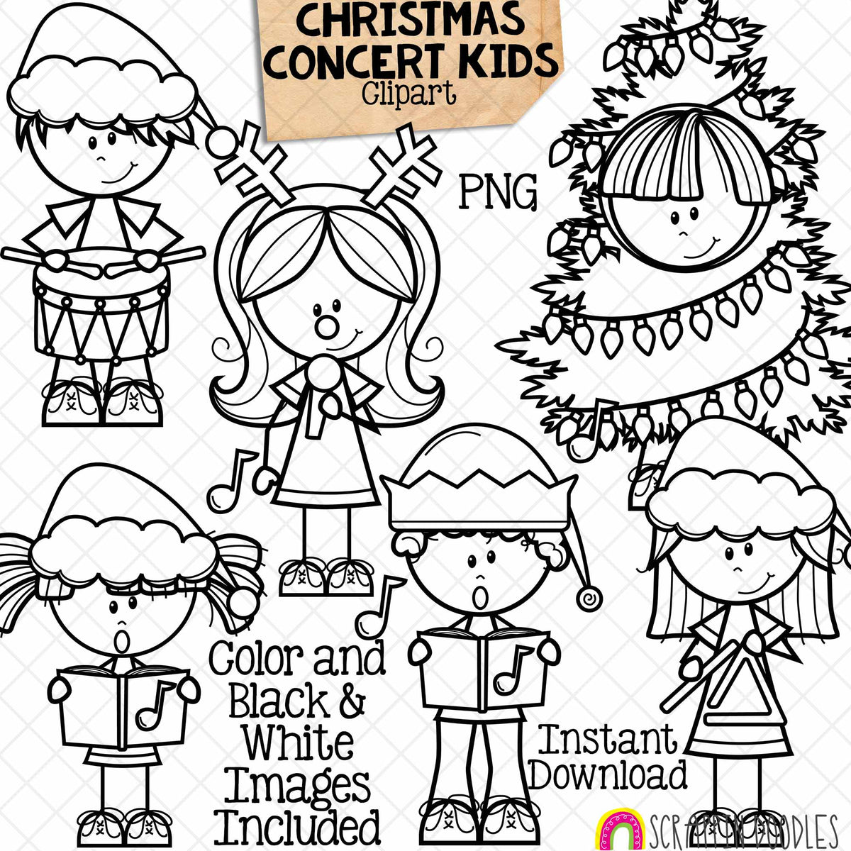 Christmas Concert Kids ClipArt - Singing - Drumming - Dressed Up Tree - Reindeer - CU PNG Sublimation