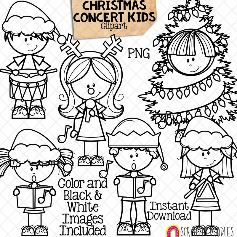 Christmas Concert Kids ClipArt - Singing - Drumming - Dressed Up Tree - Reindeer - CU PNG Sublimation
