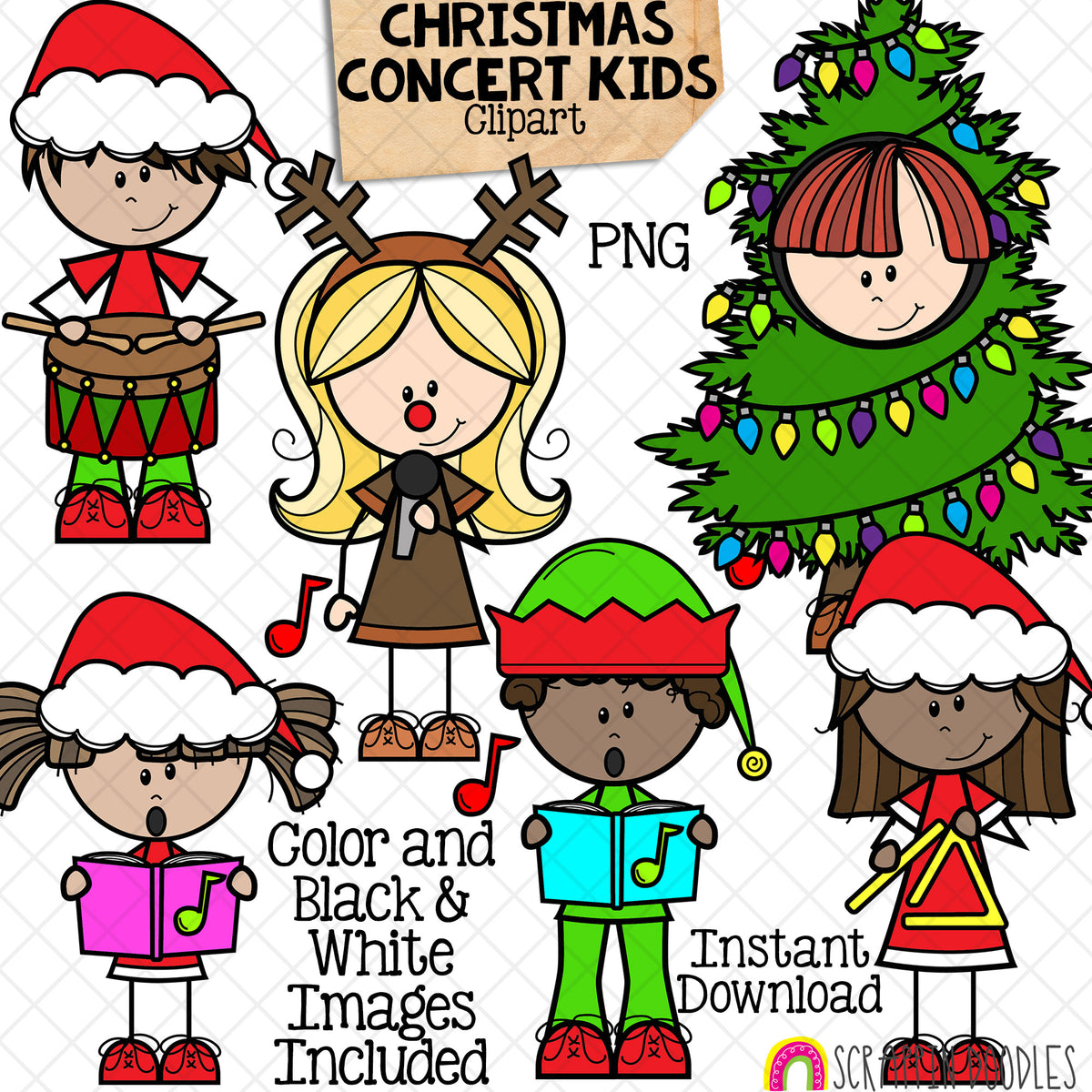 Christmas Concert Kids ClipArt - Singing - Drumming - Dressed Up Tree - Reindeer - CU PNG Sublimation