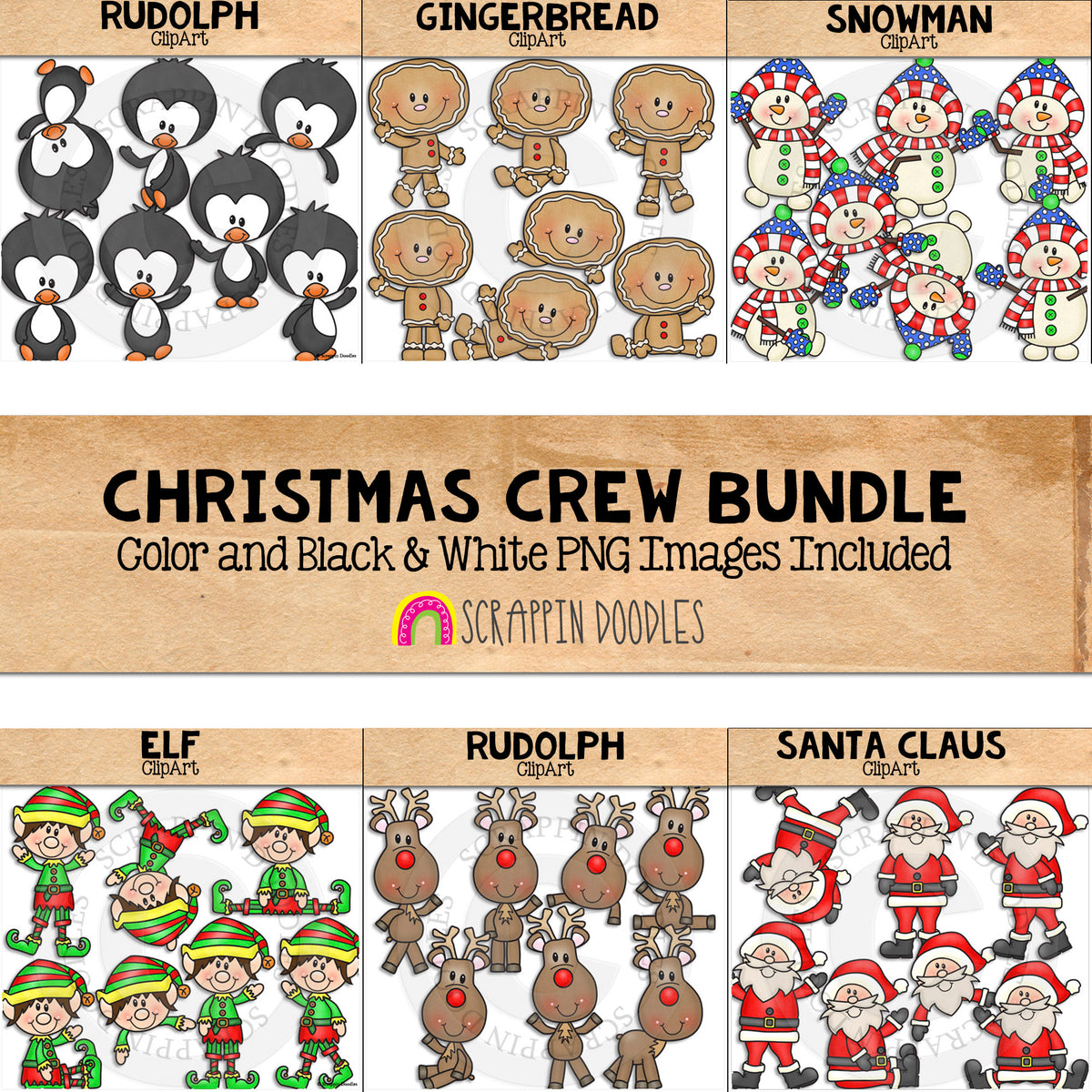 Christmas Crew ClipArt Bundle - Gingerbread - Santa Claus - Rudolph - Elf - Snowman - Penguin - Commercial Use - PNG