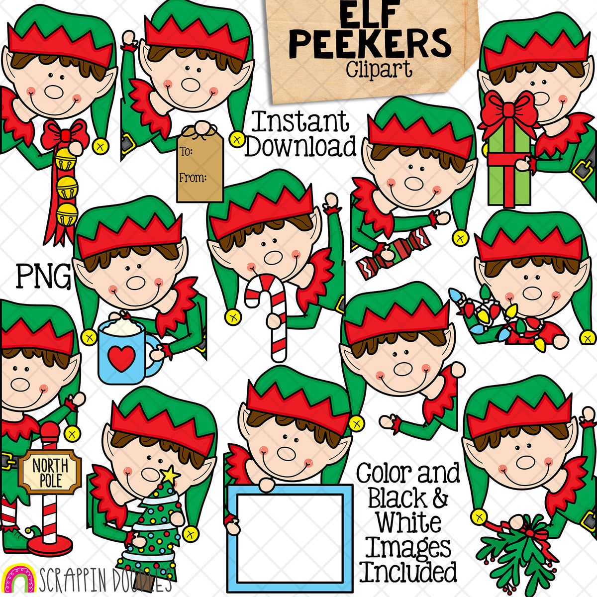 Elf Peekers ClipArt - Christmas Elves - Toppers - Winter - CU PNG Sublimation