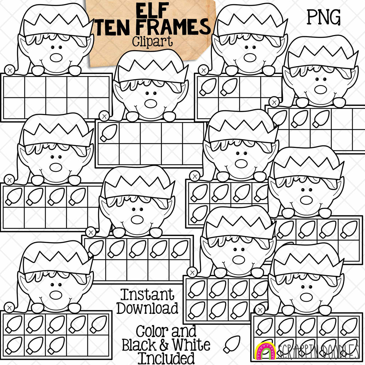 Christmas Ten Frames ClipArt Bundle - Santa - Gingerbread - Elf - Reindeer - Polar Bear - Snowman CU PNG Sublimation