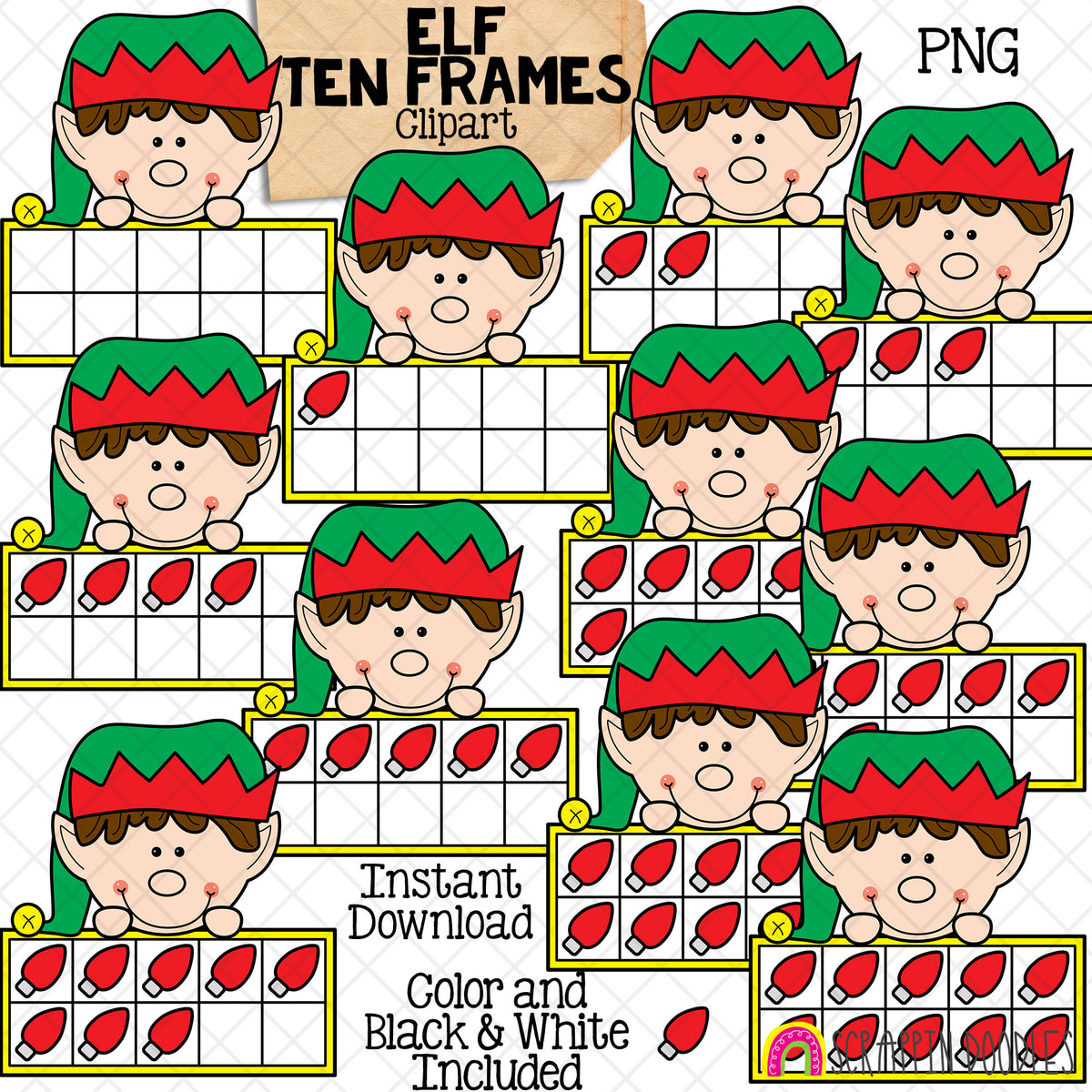 Christmas Ten Frames ClipArt Bundle - Santa - Gingerbread - Elf - Reindeer - Polar Bear - Snowman CU PNG Sublimation