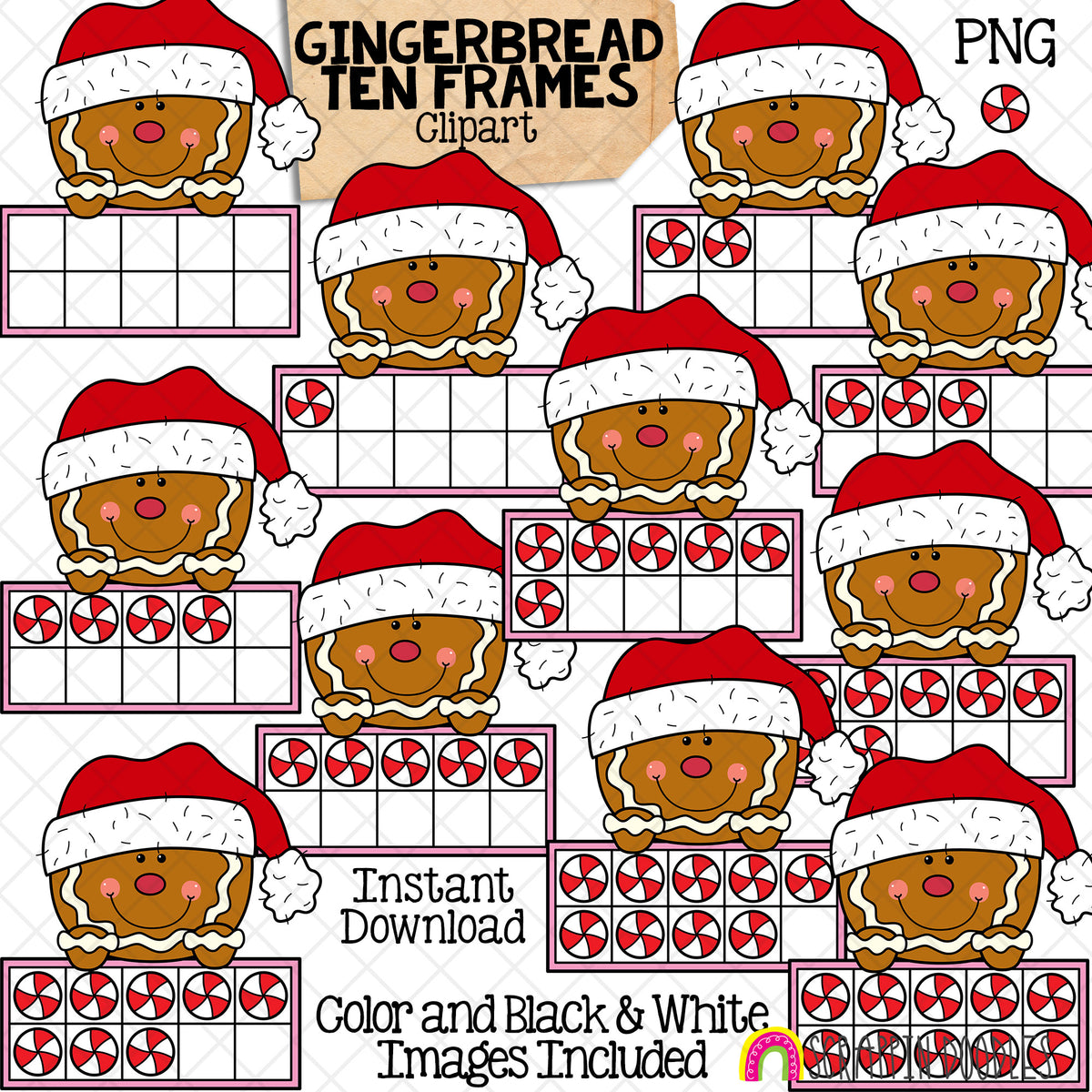 Christmas Ten Frames ClipArt Bundle - Santa - Gingerbread - Elf - Reindeer - Polar Bear - Snowman CU PNG Sublimation