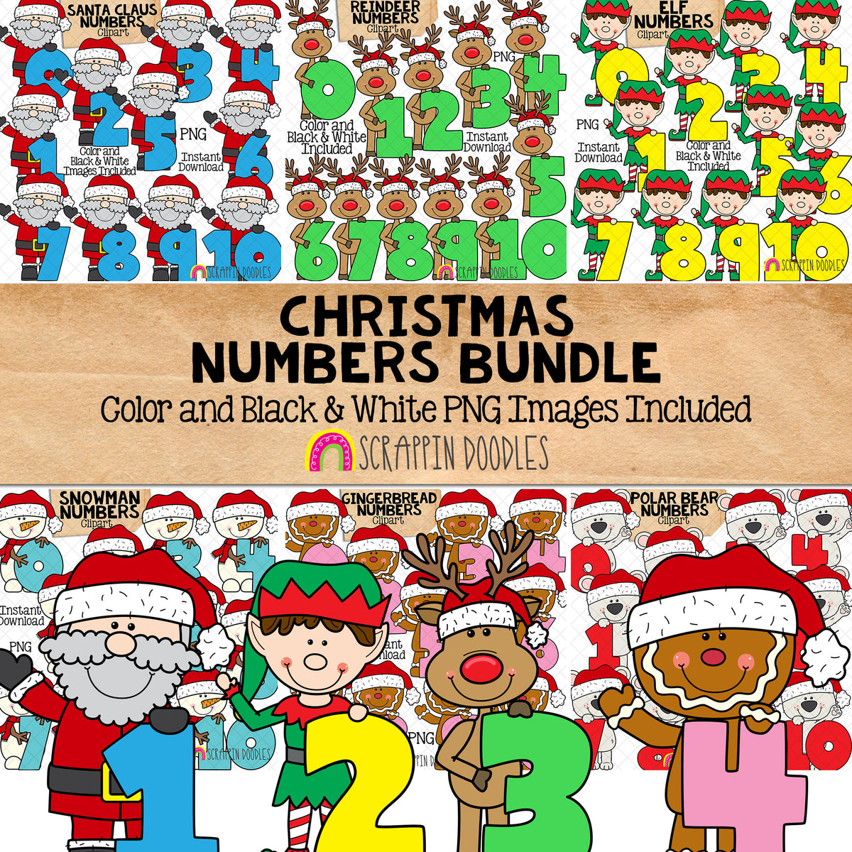 Christmas Numbers ClipArt Bundle - Santa - Gingerbread - Elf - Reindeer - Polar Bear - Snowman CU PNG Sublimation