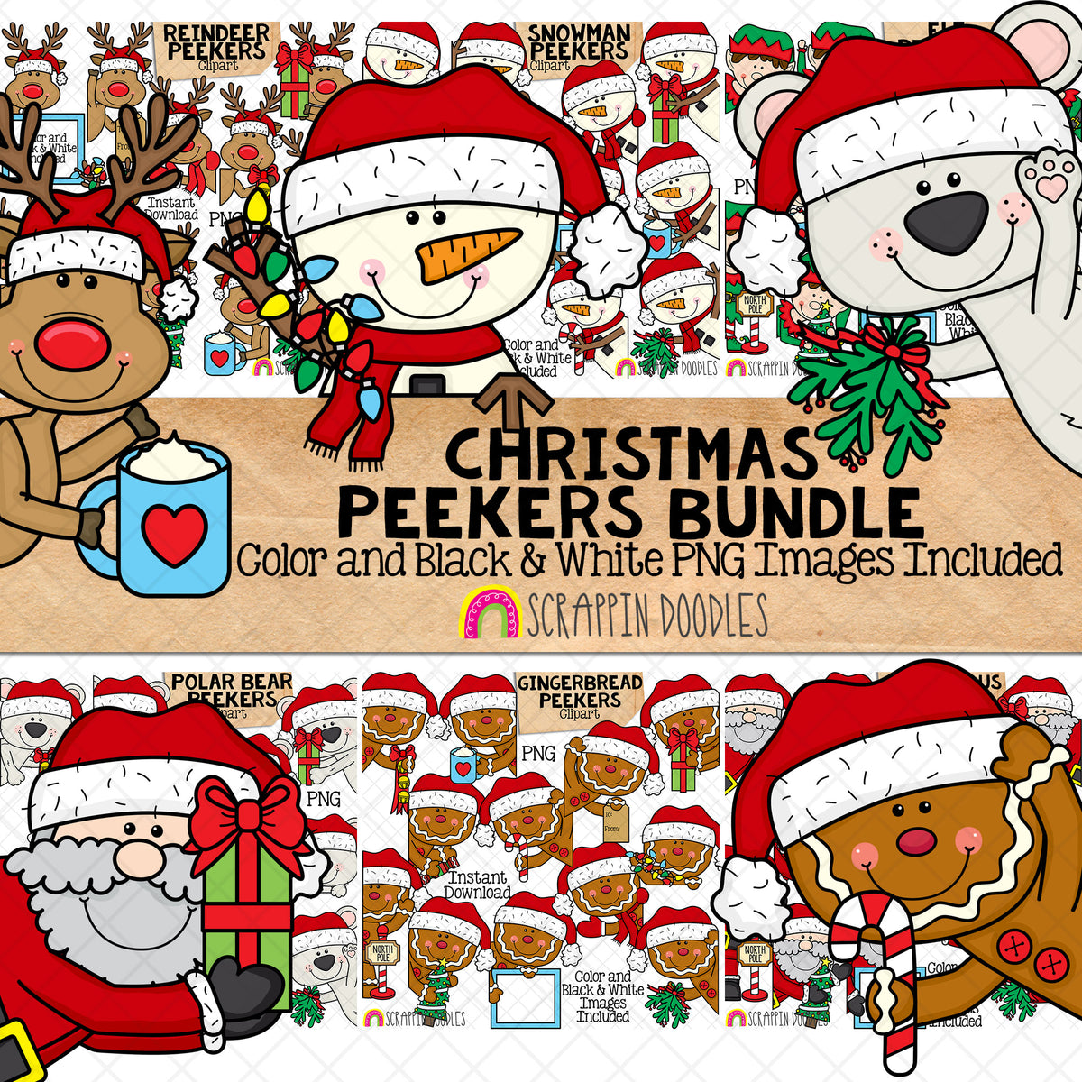 Christmas Peekers ClipArt Bundle - Reindeer - Snowman - Santa - Elf -Gingerbread - Polar Bear - Commercial Use - PNG