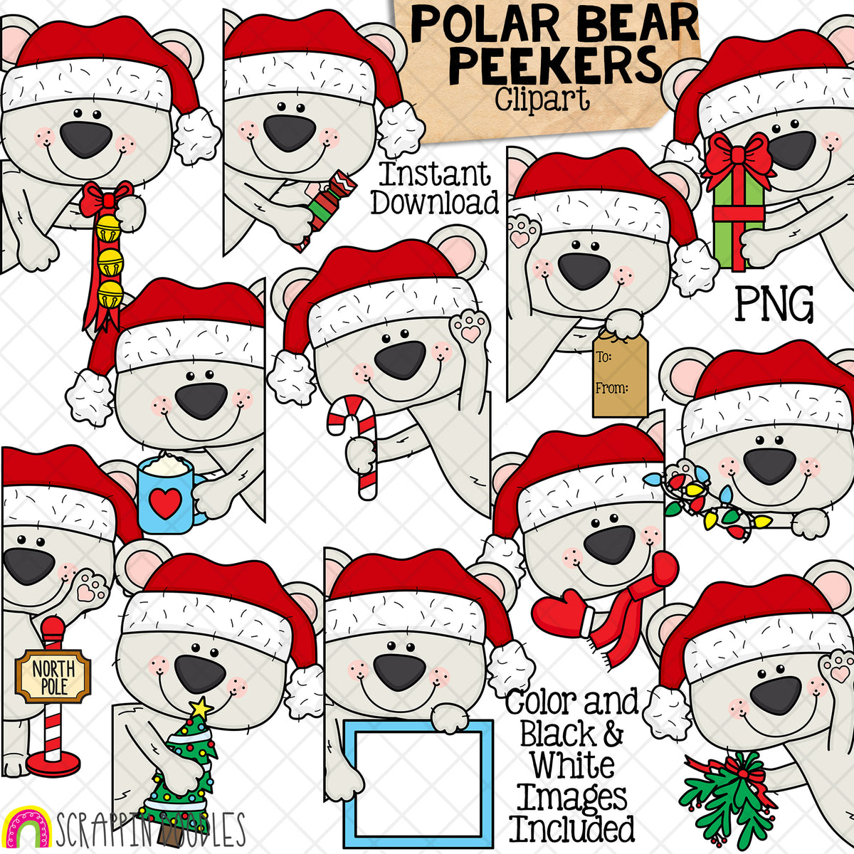 Christmas Polar Bear Peekers ClipArt - Toppers - Winter - CU PNG Sublimation