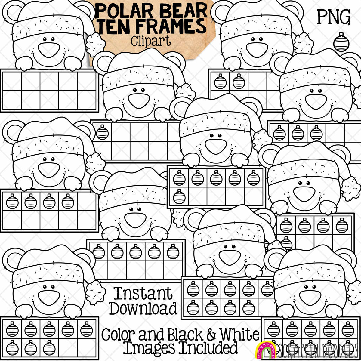 Christmas Ten Frames ClipArt Bundle - Santa - Gingerbread - Elf - Reindeer - Polar Bear - Snowman CU PNG Sublimation