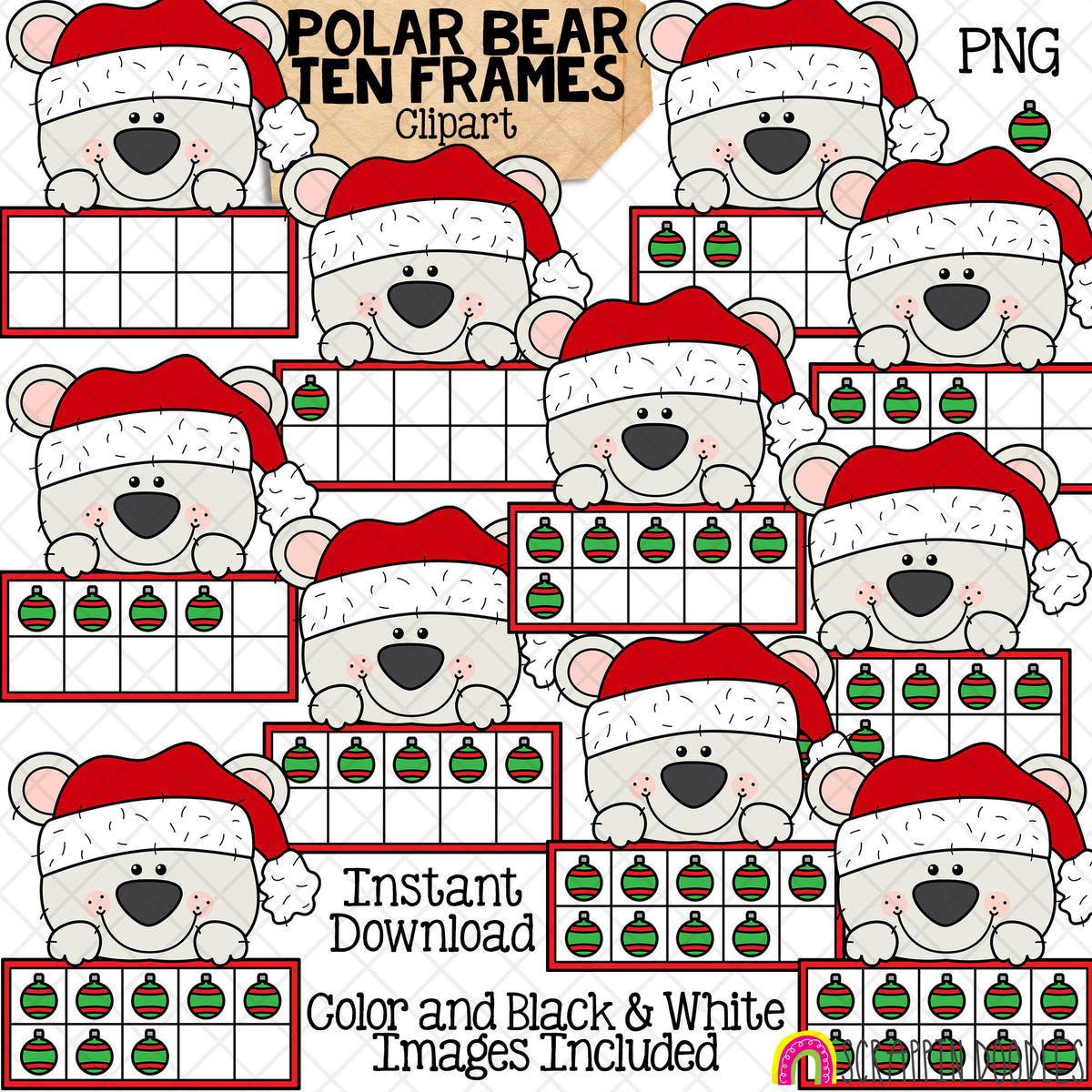 Christmas Ten Frames ClipArt Bundle - Santa - Gingerbread - Elf - Reindeer - Polar Bear - Snowman CU PNG Sublimation