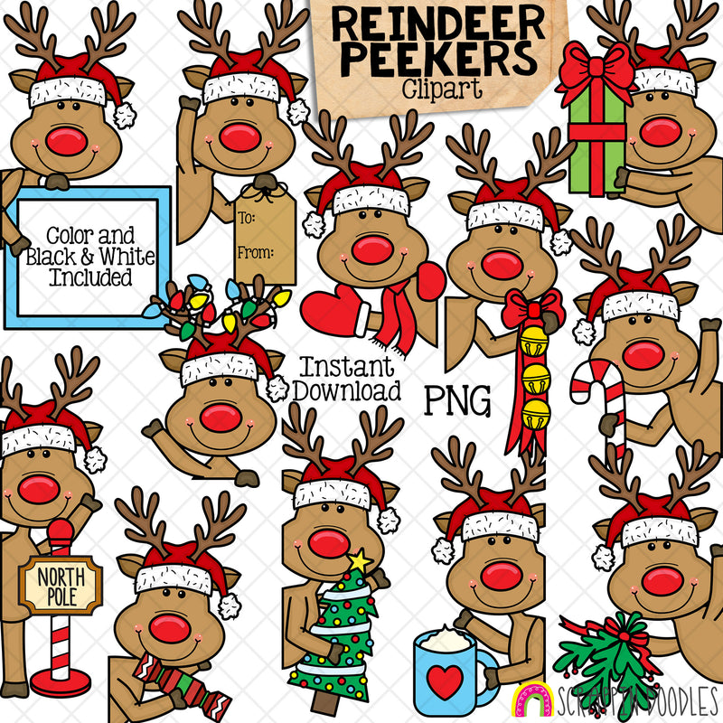 Reindeer Peekers ClipArt - Christmas - Toppers - Winter - Rudolph - CU PNG Sublimation
