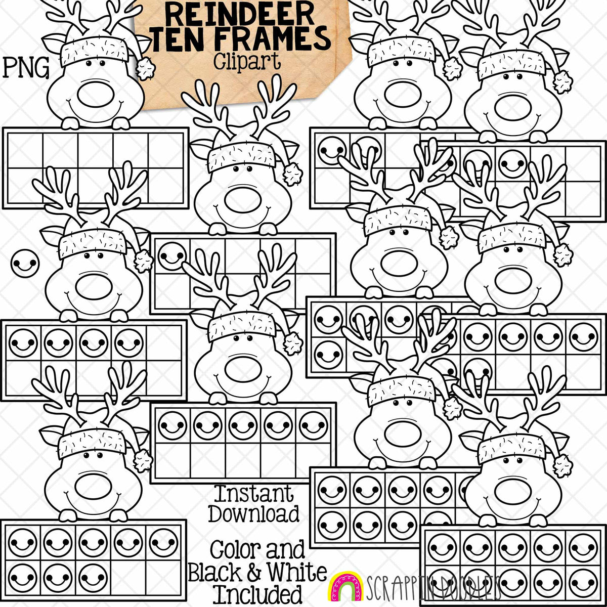 Christmas Ten Frames ClipArt Bundle - Santa - Gingerbread - Elf - Reindeer - Polar Bear - Snowman CU PNG Sublimation