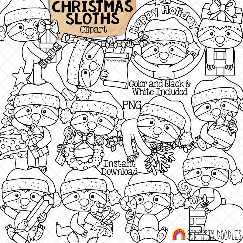 Christmas Sloths ClipArt - Sloth in Santa Hat - Ornaments - Stocking - Wreath - Gift - CU PNG Sublimation