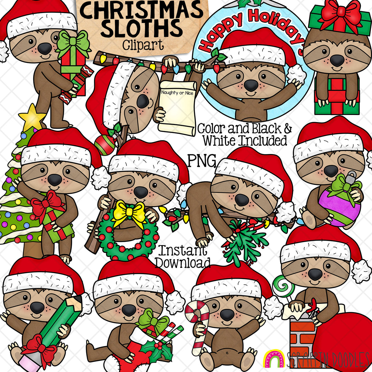 Christmas Sloths ClipArt - Sloth in Santa Hat - Ornaments - Stocking - Wreath - Gift - CU PNG Sublimation