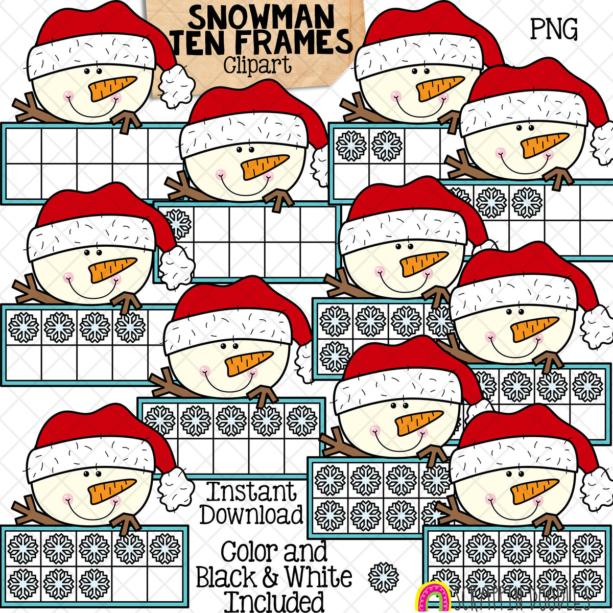 Christmas Ten Frames ClipArt Bundle - Santa - Gingerbread - Elf - Reindeer - Polar Bear - Snowman CU PNG Sublimation