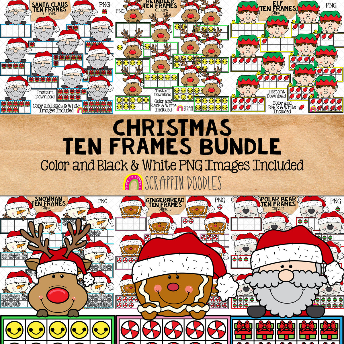 Christmas Ten Frames ClipArt Bundle - Santa - Gingerbread - Elf - Reindeer - Polar Bear - Snowman CU PNG Sublimation