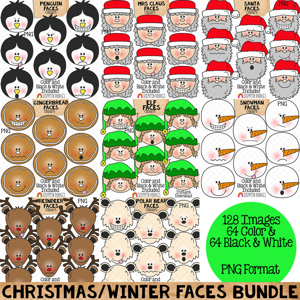 Christmas / Winter Faces Bundle - Facial Expressions - Elf - Gingerbread - Mrs Claus - Penguin - Polar Bear - Reindeer - Santa Claus - Snowman - CU PNG Sublimation